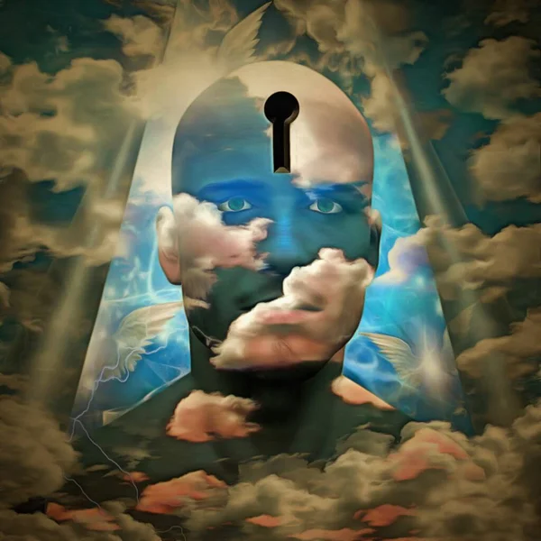 Pintura Surrealista Cabeza Hombre Con Ojo Cerradura Cielo Nublado —  Fotos de Stock