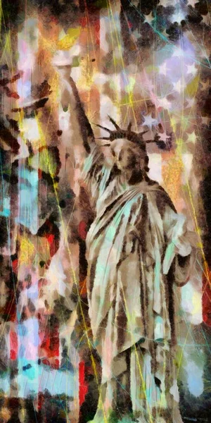 Estatua Libertad Bandera Los Estados Unidos Segundo Plano Pintura Óleo — Foto de Stock