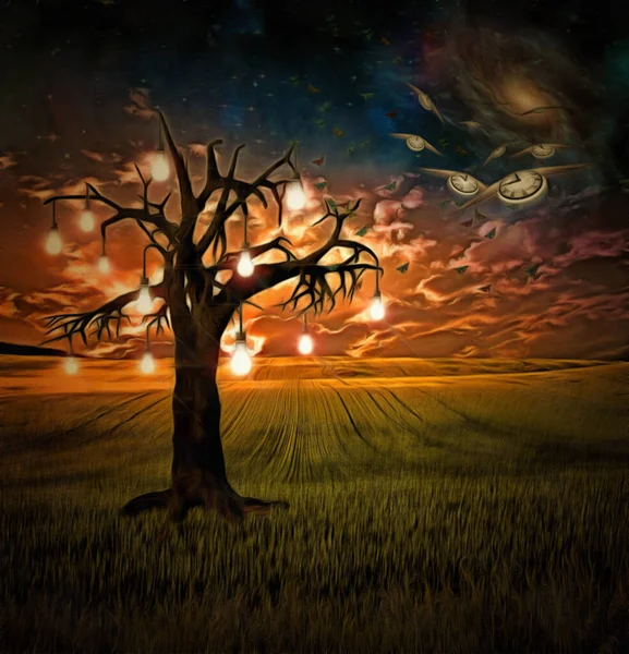 超現実的な空間背景を持つアイデアの球根の木 — ストック写真