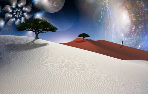 Desierto Blanco Árboles Verdes Figura Del Hombre Distancia Espacios Multicapa —  Fotos de Stock