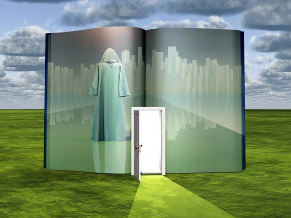 Buch Mit Science Fiction Szene Und Offener Tür Des Lichts — Stockfoto
