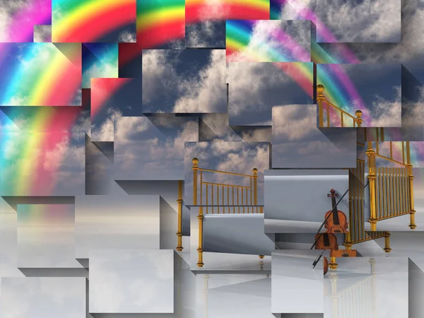 超现实主义场景中的小提琴与彩虹床 — 图库照片