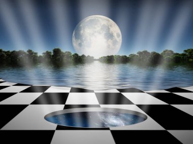 Evrene açılan delik. Kareli arazide dolunay. 3d oluşturma.