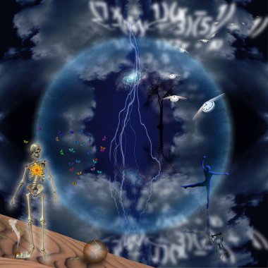 Ölümden sonra. İskelet, dansçı, ağaç ve kanatlı saatlerle ruhani kompozisyon. 3d oluşturma.