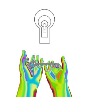 Ellerin soyut kavramsal çizimi ve kilit 