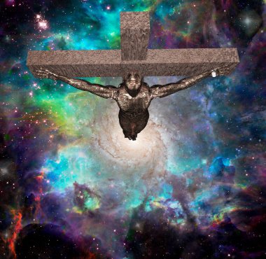 Uzayda çarmıha gerilmiş sayborg. Renkli nebula arkaplanı. 3d oluşturma.