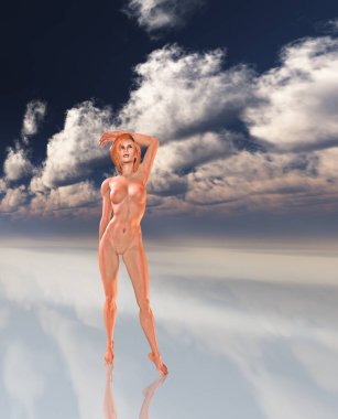 Bulutların arkasında çıplak bir kadının 3 boyutlu resmi