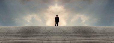 Merdivenlerin başındaki adam. 3d oluşturma.