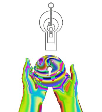 Ellerin soyut kavramsal çizimi ve kilit 