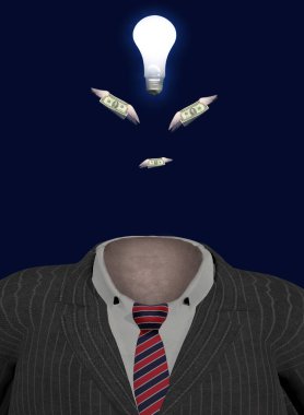 Kârlı bir fikir. Ampullü iş elbisesi ve kanatlı Amerikan doları. 3d oluşturma.