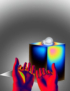 Ampul, eller ve geometrik şekil renkli arkaplan üzerinde