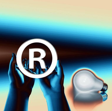 Kayıtlı bir fikir. Ampullü kayıtlı semboller. 3d oluşturma.