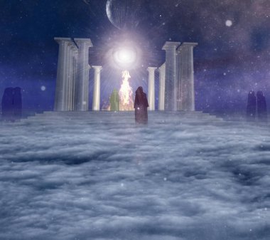  Ateş tapınağı ve mistik rahipler. 3B görüntüleme 