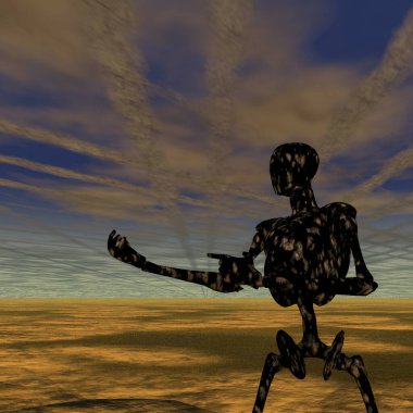 Cyborg boş arazide. Bilim kurgu kompozisyonu.