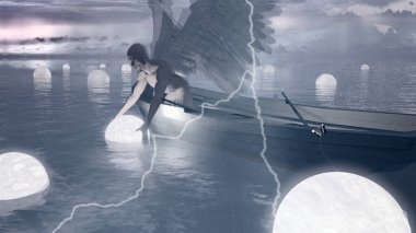 Angel suda yüzen ruhları topluyor. Gök gürültüsü. Ruhani kompozisyon.