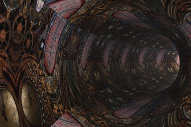 Steampunk desenli soyut tünel. Antika kapı ve saat.