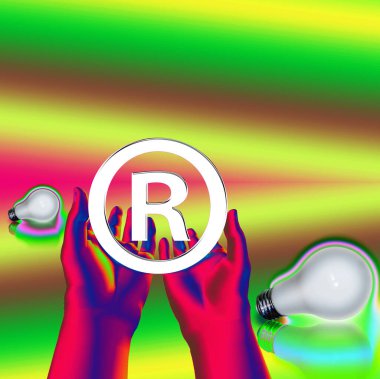 Kayıtlı bir fikir. Ampullü kayıtlı semboller. 3d oluşturma.