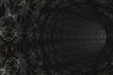 Duvarlarında fraktal desenler olan soyut karanlık bir tünel..