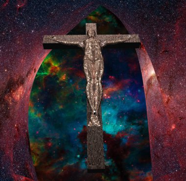 Peçe uzayın derinliklerinde çarmıha gerilmiş bir cyborg olduğunu gösteriyor. 3B görüntüleme.