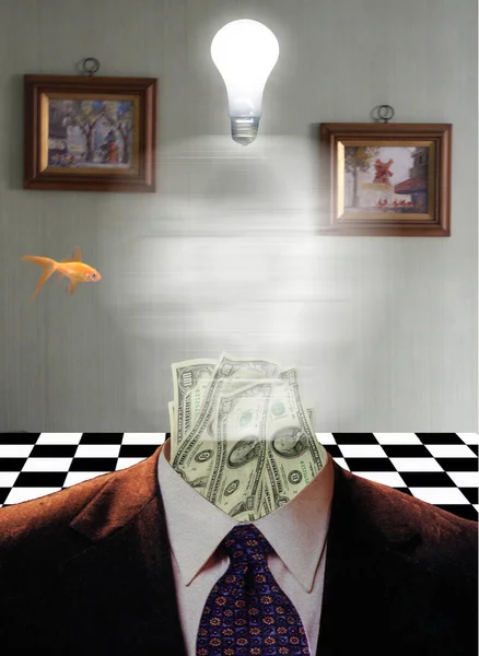 Surreal Symbolic Composition Dollar Banknotes Business Suit Golden Fish Desire — Stock Photo, Image