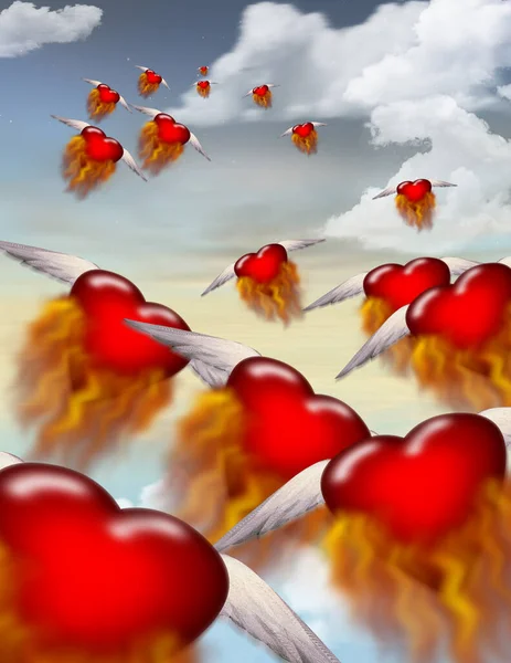 Winged Hearts Fly Formation — Stock Photo, Image