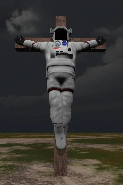 Crucified Astronaut Dramatic Sky Background Rendering — Stock Photo, Image