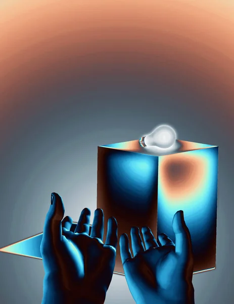 Лампочка Руки Геометрическая Форма Красочном Фоне — стоковое фото