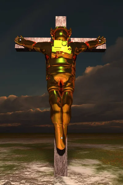 Astronauta Crucificado Fato Dourado Renderização — Fotografia de Stock