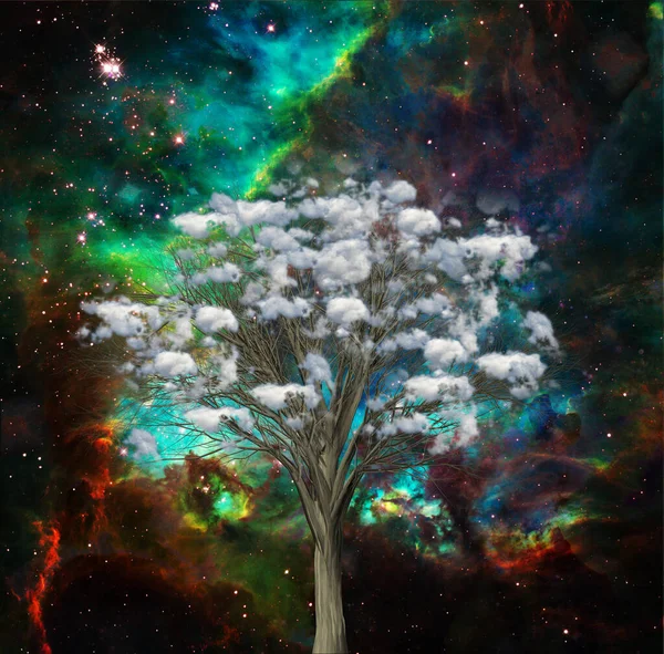 Árbol Nubes Cósmicas Sobre Fondo Nebulosa Vívida Renderizado — Foto de Stock