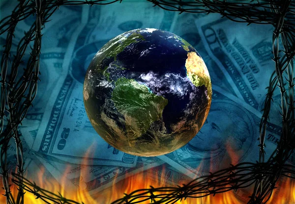 Planeten Jorden Eld Och Amerikanska Dollar Taggtrådsram Konvertering — Stockfoto
