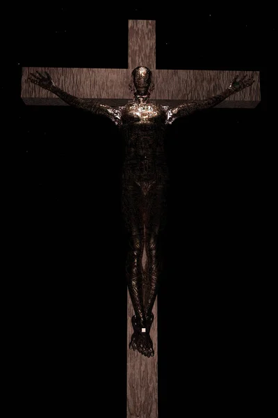 Cyborg Crucificat Cerul Întunecat Nopții — Fotografie, imagine de stoc