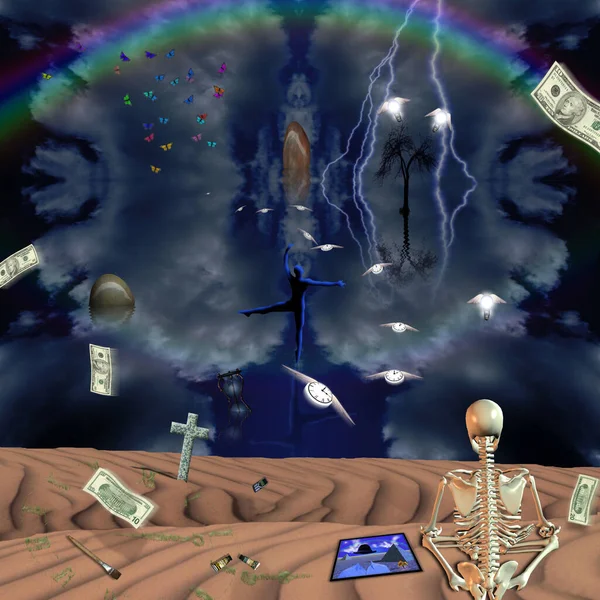Symbolic Composition Meditating Skeleton Dollar Bills Cross Winged Light Bulbs — Stock Photo, Image