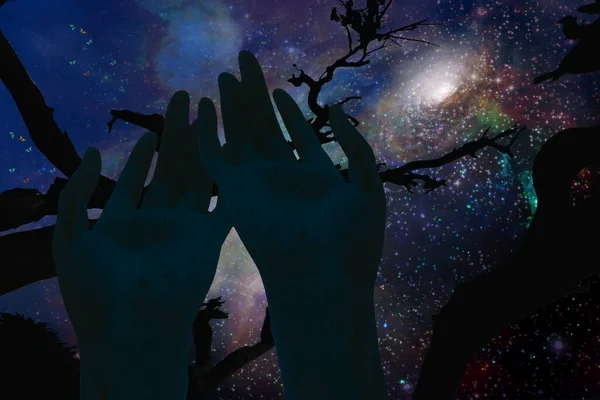 Night Silhouette Tree Hands Space Background — Photo