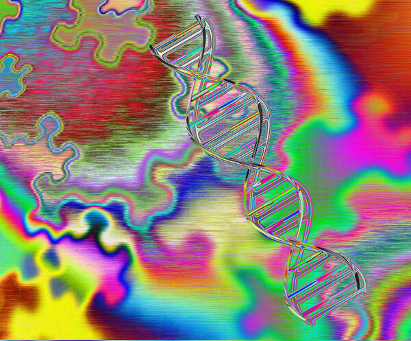 ДНК и кусочки головоломки. 3D рендеринг.