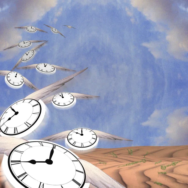 Symbolisk Sammansättning Vingade Klockor Representerar Tidsflödet Rendering — Stockfoto