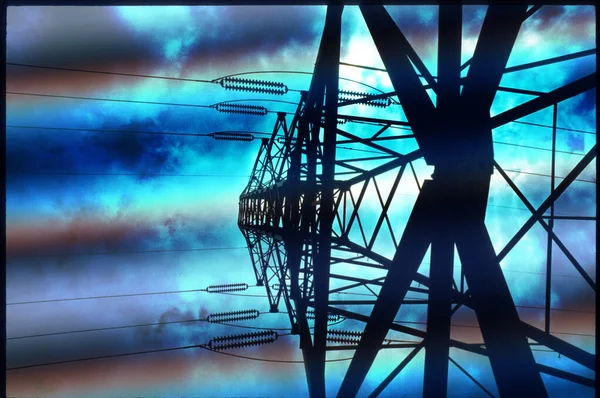 High Voltage Power Lines Night Sky — Stock Photo, Image