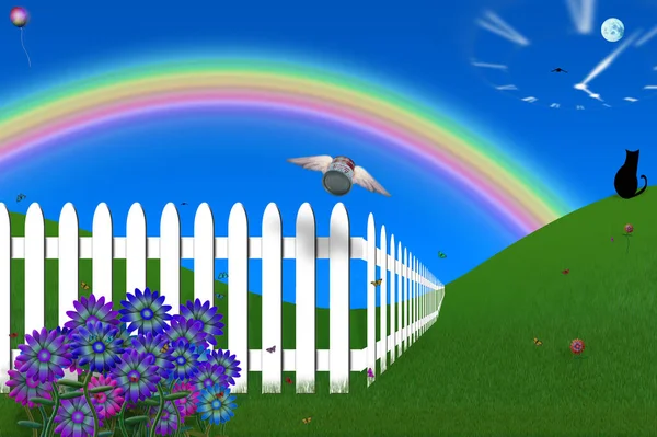 Surreal Composition Absurd Backyard White Fence Winged Can Soup Black — Stock Photo, Image