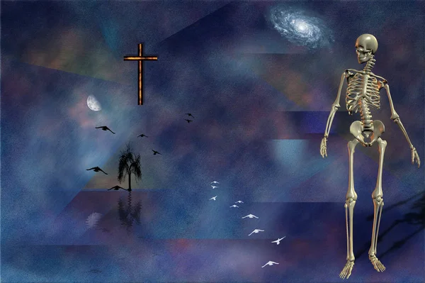 来世苏美尔抽象画 十字架 人的骨架 树的轮廓 月光下飞翔的小鸟 — 图库照片