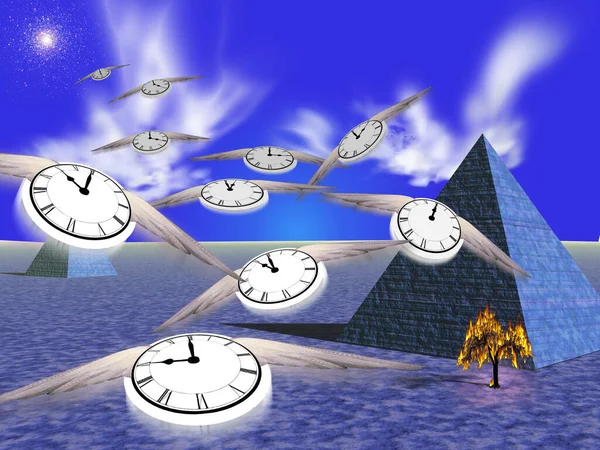 Pyramides Éternelles Les Horloges Ailées Représentent Écoulement Temps Rendu — Photo