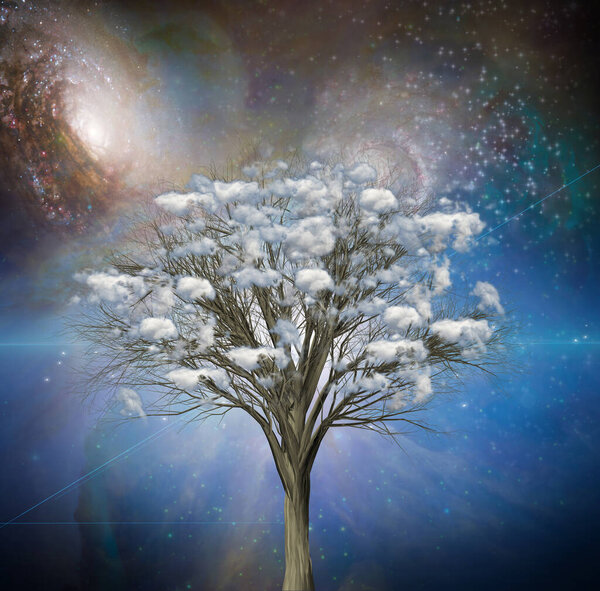 Cloud tree on vivid galaxy background. 3d rendering.