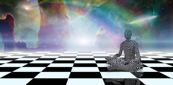 Labirintus Mintázatú Ember Kockás Tájakon Meditál Renderelés — Stock Fotó