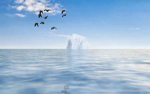 Iceberg Flotte Dans Mer Les Oiseaux Volent Dans Ciel Rendu — Photo