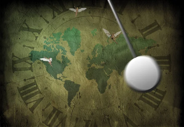 Dünya Haritasının Üzerindeki Melekler Kadim Saat Yüzlü Sarkaçlı Oluşturma — Stok fotoğraf