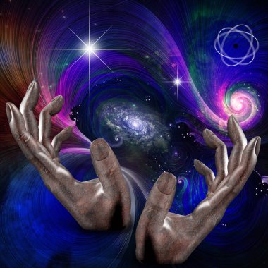 3d illustration of a female hand with a cosmic background