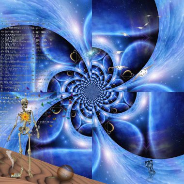 Ölümden sonra. İskelet, kanatlı saatler ve gezegen fraktallı sembolik bileşim. 3d oluşturma.