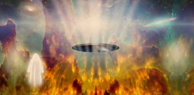 Uzaydaki kutsal adam. 3d oluşturma.