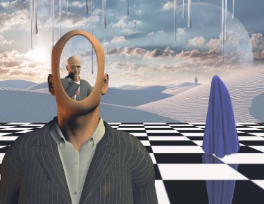 Düşünce boyutu. Düşünen adam ve figürü satranç tahtasındaki kumaşın altında.