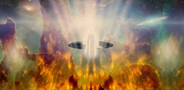 Uzaydaki kutsal adam. 3d oluşturma.