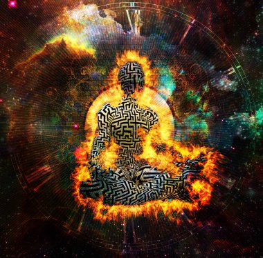 Yanan adam labirent desenli lotus pozuyla meditasyon yapıyor. Saat yüzü ve canlı alan arkaplanı.