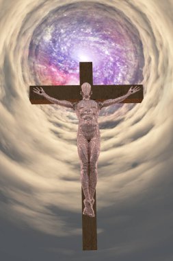 Çarmıha gerilmiş sayborg bulut tünelinde. 3d oluşturma.